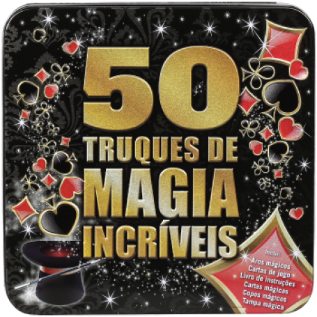 72115.10 - 50 TRUQUES DE MAGIA INCRÍVEIS - caixa que inclui aros mágicos, cartas de jogo, livro de instruções, cartas mágicas, copos mágicos, tampa mágica