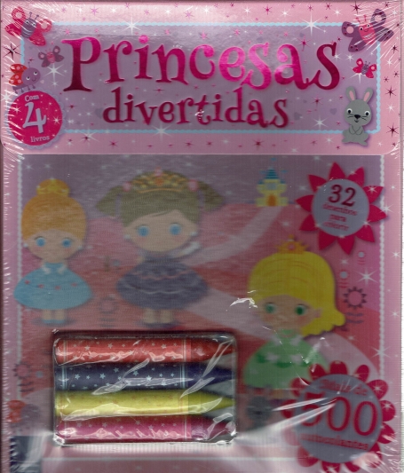 PRINCESAS DIVERTIDAS - 4 livros + 32 desenhos para colorir + 500 autocolantes