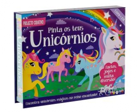 70818.10 - PINTA OS TEUS UNICORNIOS - livro + 6 boioes de tinta acrilica + 1 pincel + 4 modelos de unicornios + 1 cenario
