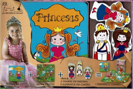 PRINCESAS - O MEU REINO DE FANTASIA na compra de um livro, oferta de 1 puzzle, oferta de 3 figuras em madeira e elementos em cartao e 1 fantastico cenario